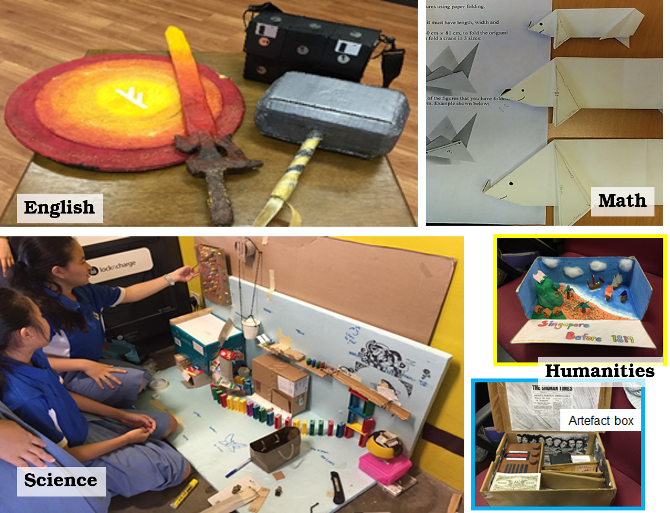 Four student project panels labeled English, Math, Science, and Humanities showing handmade models and crafts.